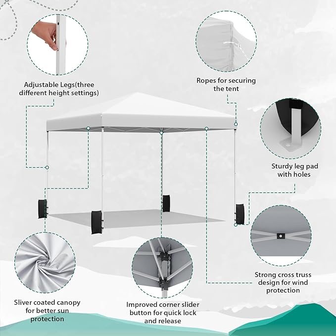 EROMMY 10x10 Pop Up Tent, Easy to Set Up Outdoor Canopy, Portable Gazebo for Events, Parties, Camping with Wheeled Bag, 4 Sand Bags, 4 Ropes and 8 Spikes(White)