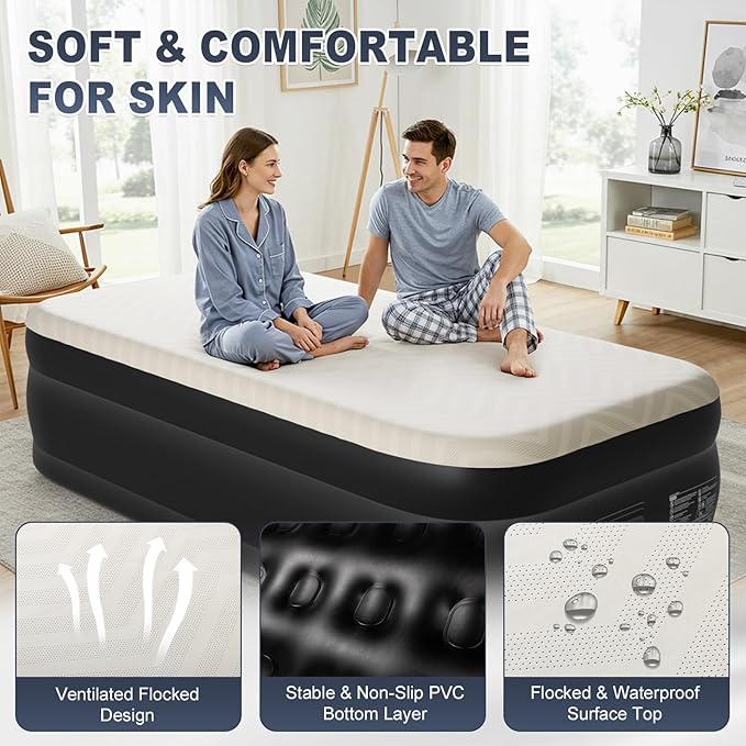 Outvita Twin Air Mattress with Built-in Pump, Foam Topper Inflatable Air Bed Quick Assembly Comfort Luxury Blow Up Sleeping Mat for Guests and Home, Camping, Travel, 650lbs Weight Capacity