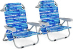 GYMAX Beach Chair, 330lbs Backpack Lounger with 5-Position Backrest, Storage Bag, Side Pocket, Towel Bar & Headrest, Foldable Low Beach Lounge, Portable Aluminum Lay Out Camp Chair (Blue Stripe,2)