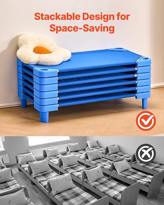 VEVOR Stackable Kiddie Cot, 6 Pack Portable Toddler Nap Cots, Standard Size 40" L x 23" W Daycare Cots for Kids, Preschool Classroom Daycare Beds for Sleeping, Resting, Naptime, Blue