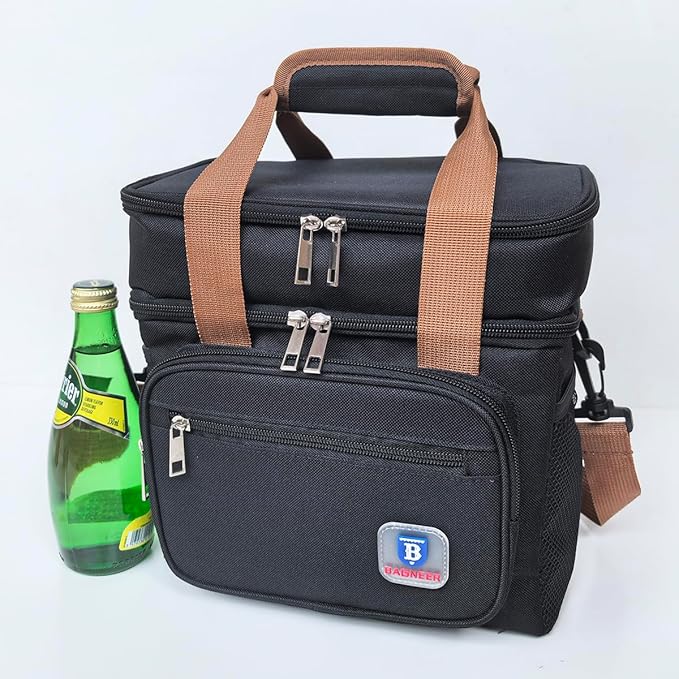 Insulated Lunch Box for Men Women Double Decker Lunch Bag Leakproof Camping Cooler Bag Durable Lunch Pail Work Beach Outdoor Trips Picnic Food & Drink Thermal Lunchbox, 14L (Black)