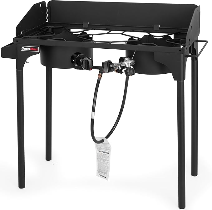 Propane Double Burner for Outdoor Cooking Two Camping Stove with Removable Windscreen and Detachable Legs Stand for Home Brewing, Camping, BBQ