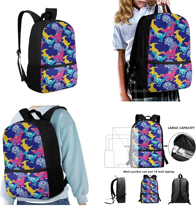 3 Pcs Cartoon Dinosaur Patterns Backpack, Matching Sturdy Lunch Bag and Large Capacity Pencil Case Set for Primary School Students, Lightweight Stylish Bag Set