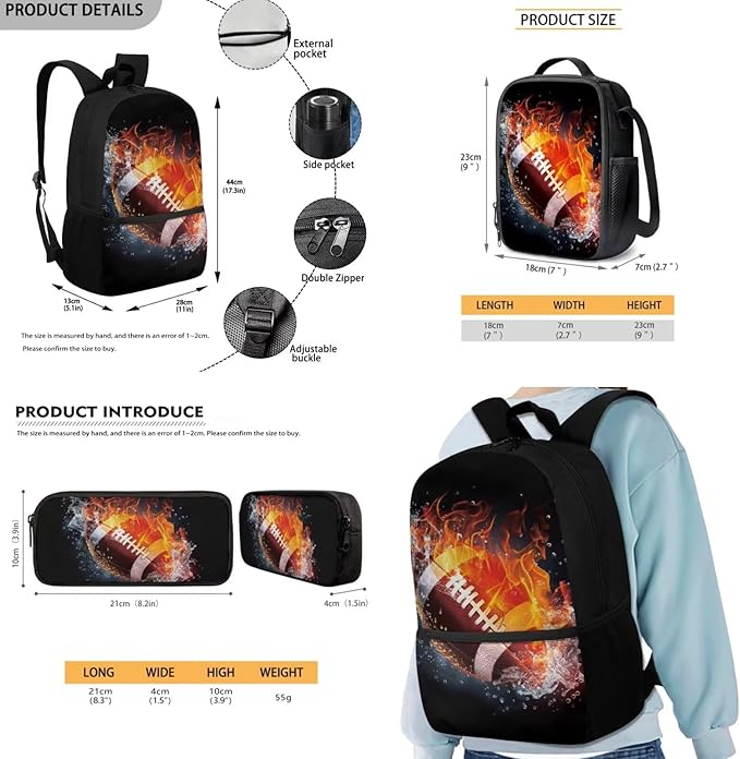 Rnyleeg Fire American Football Backpack for Boys with Lunch Box Novelty Elementary School Bag Set Lightweight Bookbag Set of 3 for Kids Back to School Gifts