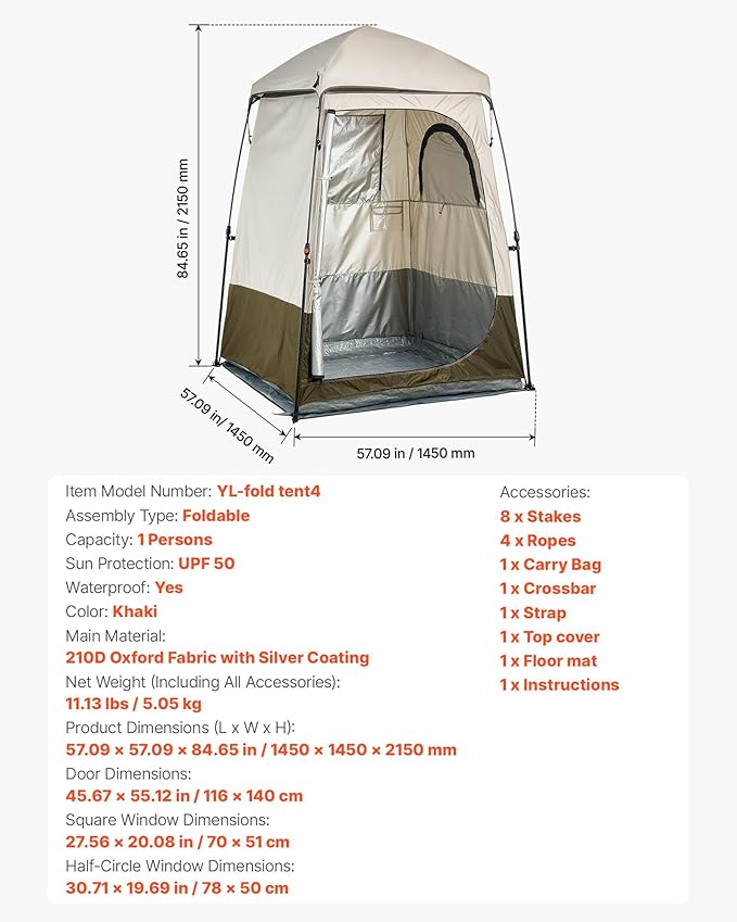 VEVOR Camping Shower Tent, 1 Room, Foldable Privacy Tent Changing Room with Ground Stakes, Ropes, Carry Bag, and Crossbar, 210D Oxford Fabric with Silver Coating, for Camping, Beach, and Fishing