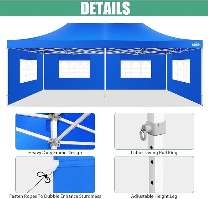 COBIZI 13x26 Heavy Duty Pop Up Canopy with 6 Sidewalls Party Tent Outdoor Wedding Large Event Tent with Roller Bag for Garden Lawn Waterproof UPF 50+ Easy Up, Blue (Framework Upgraded)