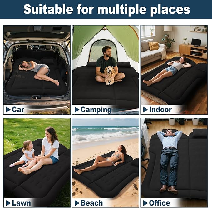 SUV Air Mattress for Camping, Air Mattress for Car Compatible with SUV, Camping Bed with Pump, Inflatable Sleeping Pad for Car Backseat, Truck Travel Bed for Road Trip (Black)