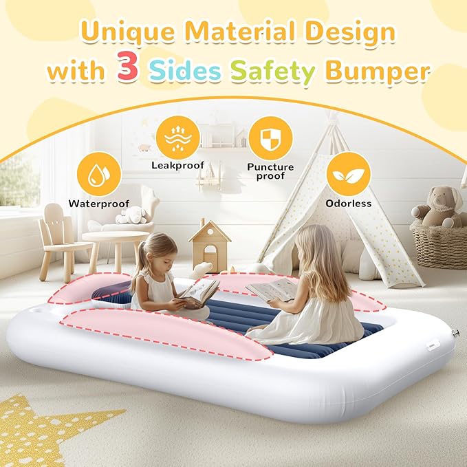 Inflatable Toddler Travel Bed - Portable Toddler Kids Travel Bed with Safety Sides Complete Kids Air Mattress Set with High-Speed Pump, Ideal for Vacation Camping and Sleepover (60 Inches)