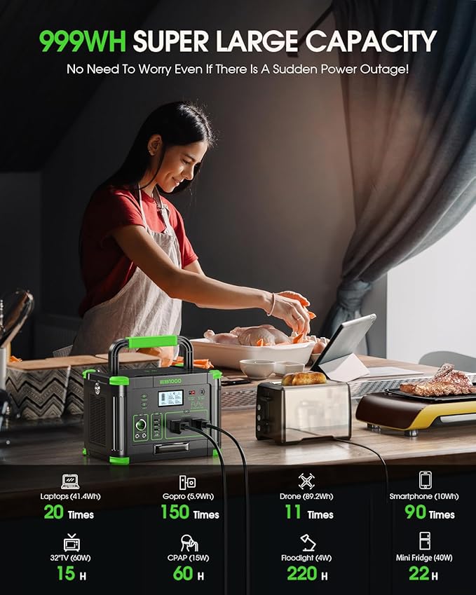 1000W Portable Power Station 999Wh, Solar Generator with 60W USB-C PD Output, Built-in BMS 110V Pure Sine Wave AC Outlet Backup Lithium Battery for Outdoors Camping Travel Emergency (Peak 2000W)