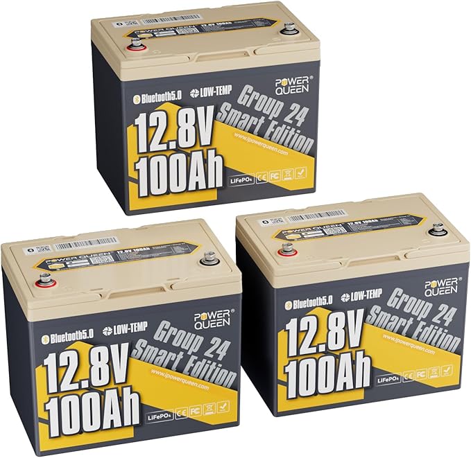 Power Queen 12V 100Ah LiFePO4 Battery, Bluetooth 12Volt RV Lithium Battery with Low-Temp Protection, Group 24 Deep Cycle Battery, Up to 15000 Cycles for Motorhome, Trailer, Camper Van, Marine, Solar