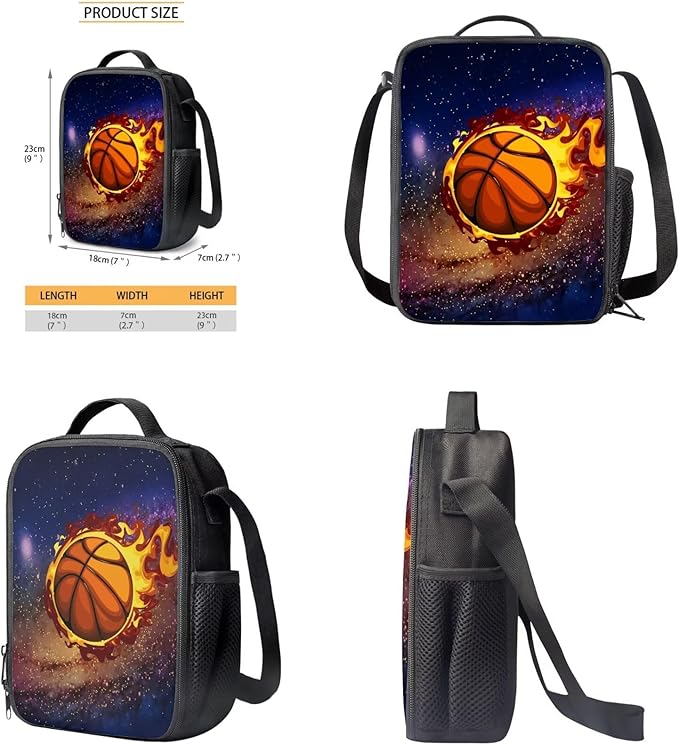 Rnyleeg Fire Basketball Backpack for Kids Age 6-8 Cool Boys Backpack with Lunch Box 3 Pcs Bookbag Set for Elementary School Back to School Gifts