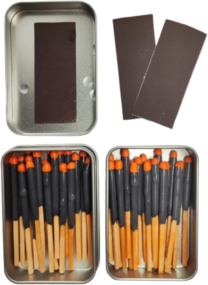 Survival Waterproof Matches Kit – 20/40/60/80/100 Fire Matches + Extra Striker in Metal Tin, Waxed Tinder Cords – Stormproof Windproof Fire Starter for Camping & Emergency (2 x Tins)