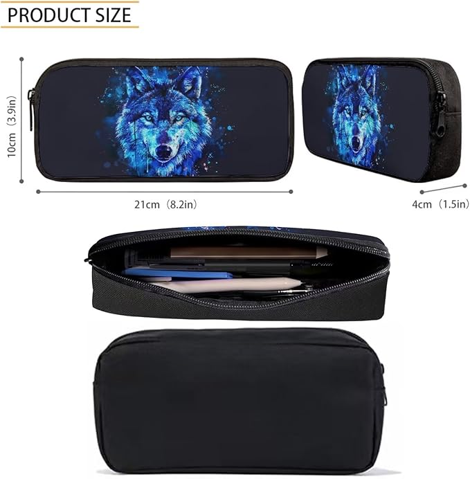 3PCS Blue Wolf Print Kids School Bag Set, Waterproof Daypack Knapsack Insulated Lunch Tote Bag Pen Case Organizer for Hiking