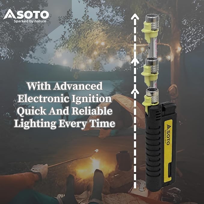 SOTO Pocket Torch Lighters for Camping - Extended Refillable Torch Lighter, Telescoping Burner Head, Electronic Ignition, Strong Wind-Resistant Butane Lighter for Candles, Grill, BBQ - Shipped Empty