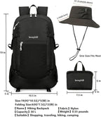 30L Foldable Backpack & Bucket Hat 2 In 1 Combo, Lightweight packable Travel and Fisherman Hat Set, Compact Collapsible Daypack with Sun Hat (Black)