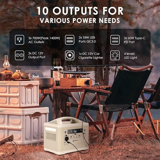 RAINBOW Portable Power Station 700W, 537Wh Backup LiFePO4 Battery, Solar Generator for Outdoor Camping, 3 x 110V/700W(Peak 1400W) AC Outlets, Quick Charge for Home, Hiking