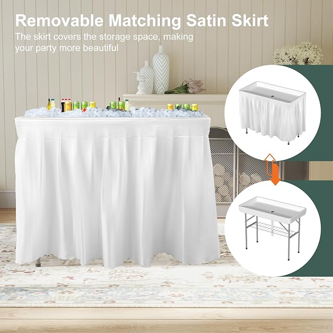 4 Foot Ice Cooler Table, Folding Tailgate Camp Fishing Cleaning with Matching Skirt & Drain Hose, Plastic Ice Table for Party, BBQ, Camping, Picnic, Barbecues to Keep Drinks Cool, White