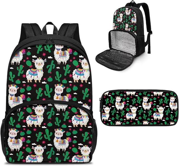 School Backpack for Kids Bookbag Insulated Cooler Backpacks with Lunch Box and Pencil Case Reusable Water Resistant Tote Food Bag for College Camping Picnics, Cactus Alpaca