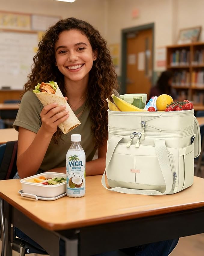 Lunch Box For Men Women Double Deck Insulated Lunch Bag For Men Woman Leakproof Expandable Cooler Bag with Adjustable Shoulder Strap for Kids Shool Work Picnic Camping(Beige,Large)