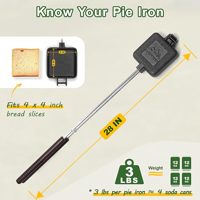 Mountain Pie Maker Cast Iron Set of 2 - Pie Irons for Camping with Storage Bag, Campfire Sandwich Maker Cast Iron