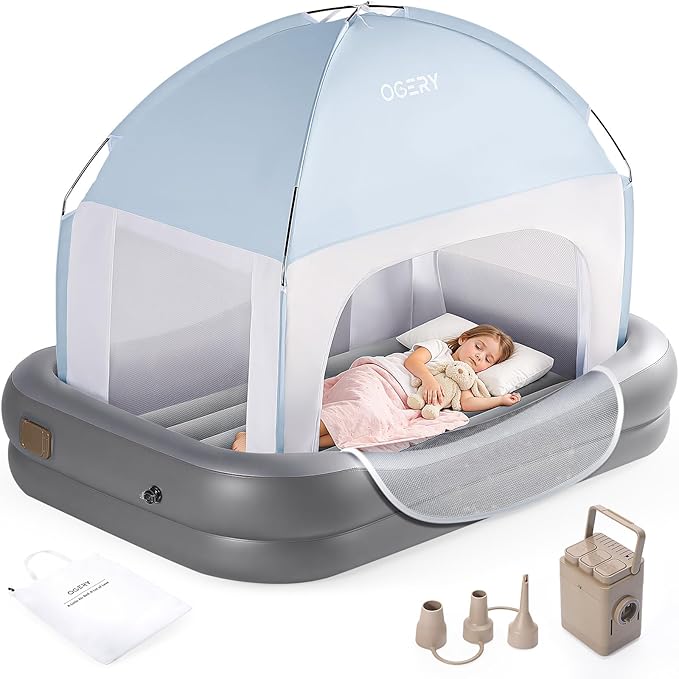 OGERY Inflatable Toddler Travel Bed with Cordless Rechargeable and Detachable Air Pump and Tent, Portable Kids Air Mattress with 4 Sides Safety Bumpers Ideal for Home, Grandma's, Camping, Traveling