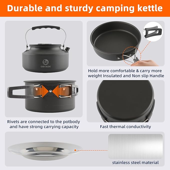 17-Piece Camping Cookware Set, Lightweight Backpacking Pot & Pan Kit with Non-Stick Anodized Aluminum, 0.45Gal Pot, 0.30Gal Kettle, 2 Cups & Cutlery Sets, Compact for Hiking(Plastic)