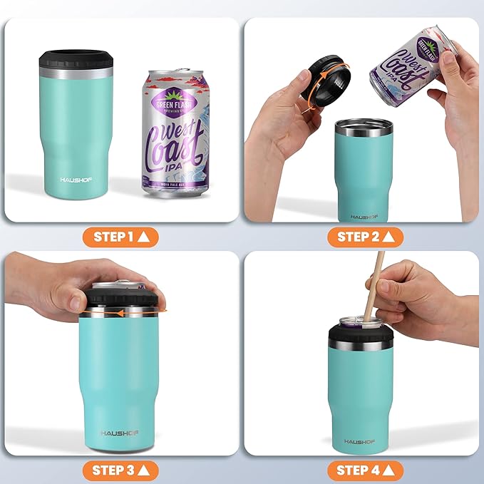 HAUSHOF 4 in 1 Insulated Stainless Steel Can Insulator, Fits Standard & Slim 12 oz Cans|Beer Bottles, Perfect for Outdoors