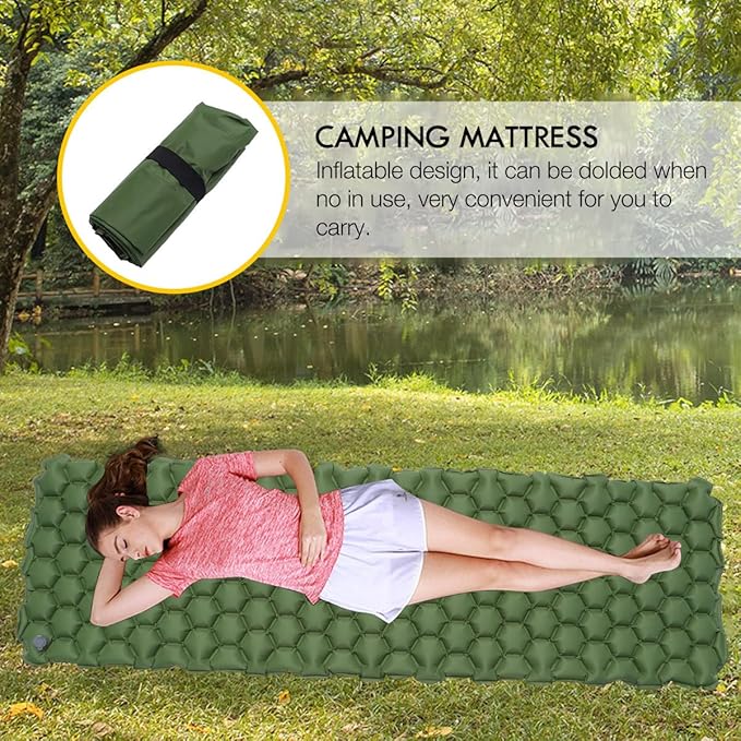 PRETYZOOM Outdoor Inflatable Sleeping Mat Waterproof Camping Mattress Portable Tent Sleeping Pad 192x58x6cm Green for Hiking and Travel