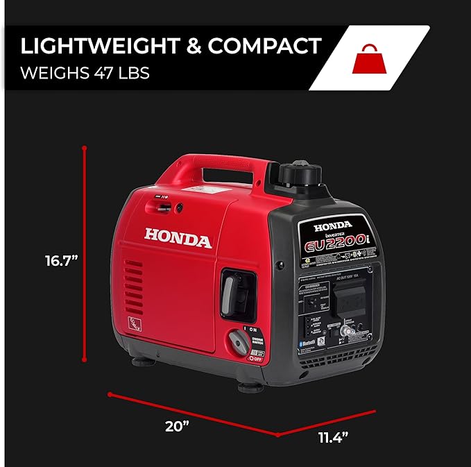 Honda EU2200i 2200 Watt Inverter Generator, Super Quiet 120V Gas Powered Portable Generator for Camping or Home Backup Power Supply, Up to 8.1 Hour Run Time (EU2200ITAN)