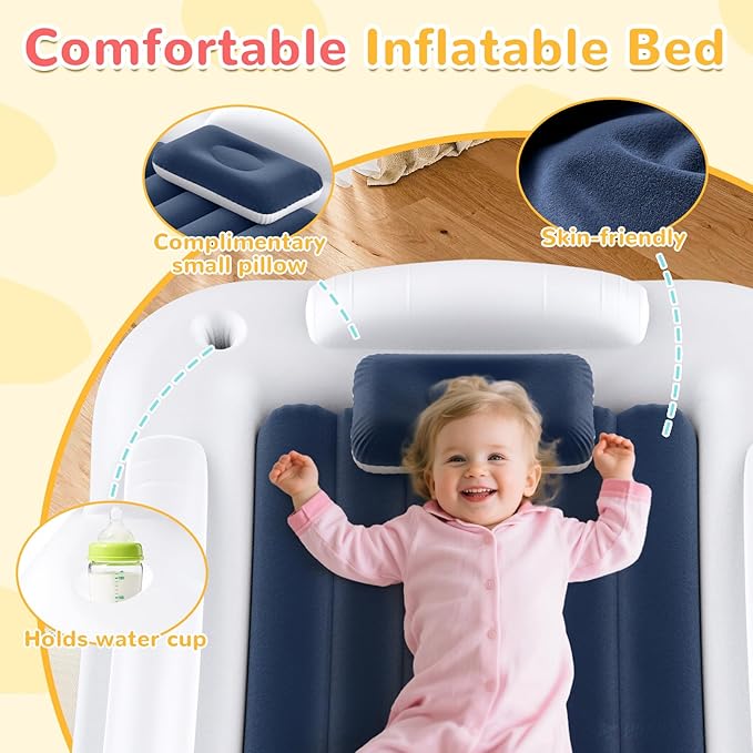 Inflatable Toddler Travel Bed - Portable Toddler Kids Travel Bed with Safety Sides Complete Kids Air Mattress Set with High-Speed Pump, Ideal for Vacation Camping and Sleepover (60 Inches)