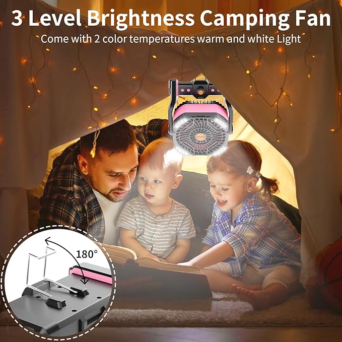 20000mAh Battery powered fan Camping essentials,Portable fan Battery Operated Rechargeable Tent Fan with Light & Hook X26A Pink