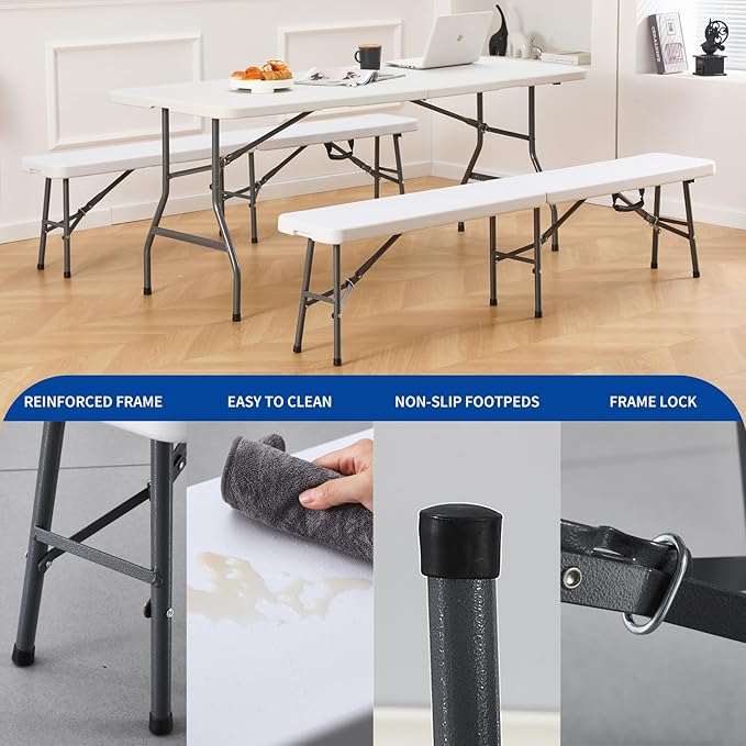 KAIHAOWIN 6FT Plastic Folding Bench White with Carrying Handle Indoor/Outdoor Portable Seat for Picnic, Camping, Dining, Party