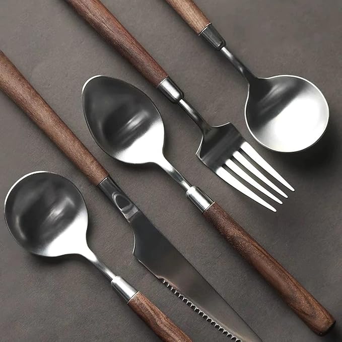 Dishwasher Saf,24 Piece Silverware Set for 6 with Wooden Handles, 18/8 Stainless Steel, Suitable for VIP Gatherings, Camping Adventures