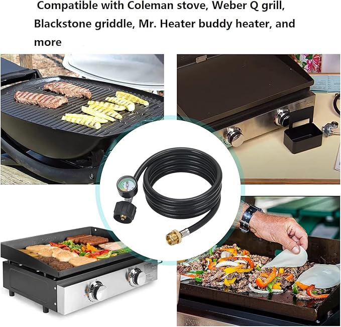 ATKKE Propane Hose Adapter 1lb to 20lb with Gauge, 8FT Propane Tank Grill Adapter Converter for Weber Q Grill, Mr. Heat Propane Heat, Blackstone 17/22‘’ Griddle, Coleman Camping Stove and More