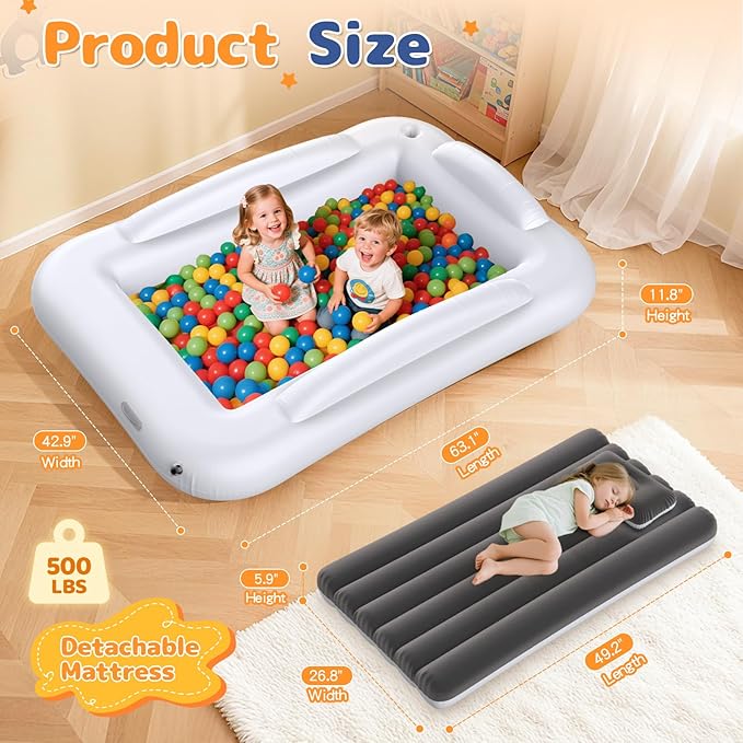 Inflatable Toddler Travel Bed - Portable Toddler Kids Travel Bed with Safety Sides Complete Kids Air Mattress Set with High-Speed Pump, Ideal for Vacation Camping and Sleepover (60 Inches)