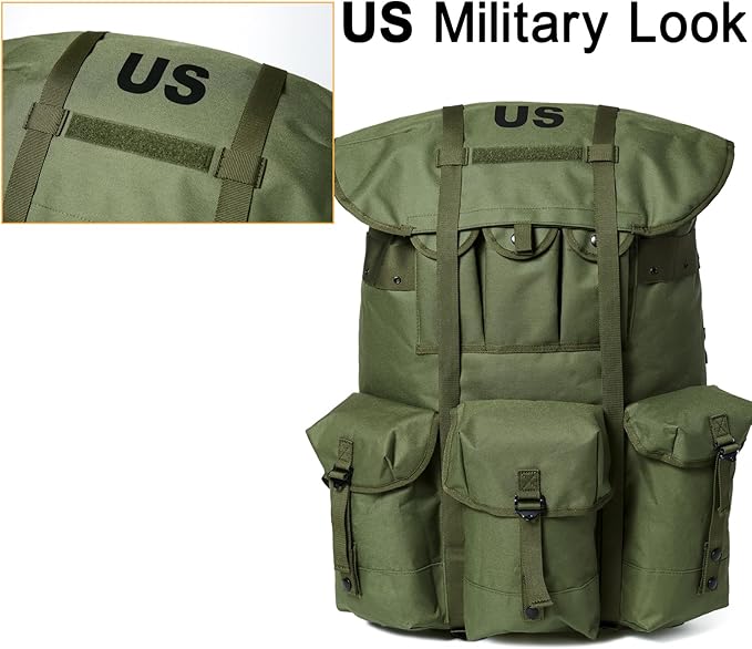 Military ALICE Pack Large Size with 2pcs Support Shelf – Tactical Rucksack with Expandable Straps, Aluminum Quick-Release Buckles, and Enhanced Waist Support – US Logo, Army Green