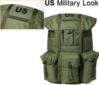 Military ALICE Pack Large Size with 2pcs Support Shelf – Tactical Rucksack with Expandable Straps, Aluminum Quick-Release Buckles, and Enhanced Waist Support – US Logo, Army Green
