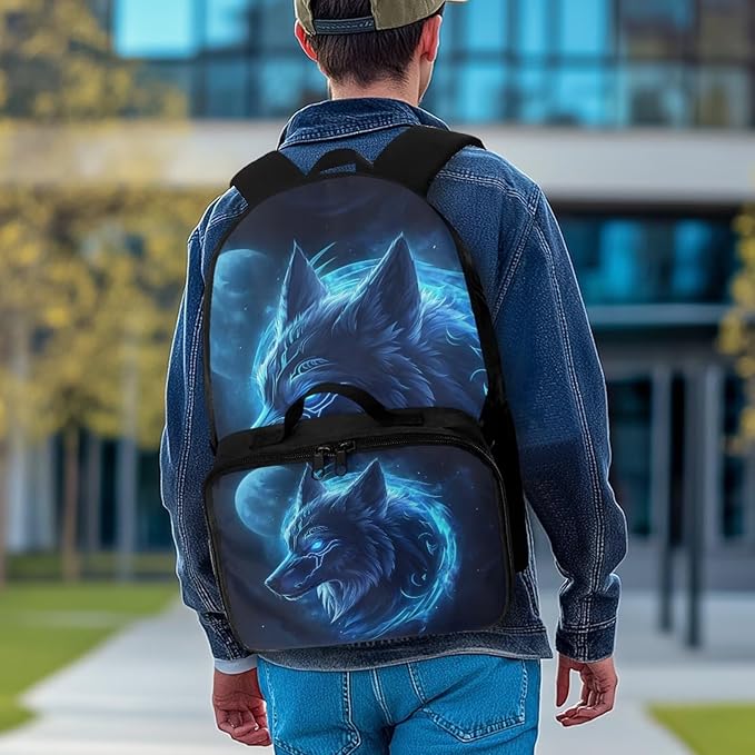 Moon and Wolf Backpack for Men Lightweight Bookbag with Lunch Box Set Wear-resistant School Bag for Outdoor Travel Casual Book Bag Rucksack