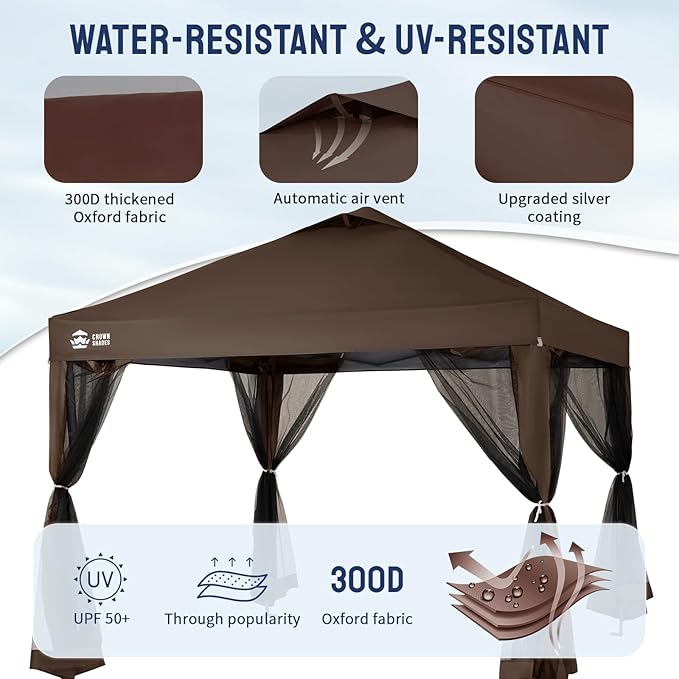 CROWN SHADES Gazebo 10x10 Pop Up Canopy with Mosquito Netting, Screen Tent with 4 Ropes, 8 Stakes, 4 Sandbags and Wheeled Storage Bag, Canopy for Patio & Backyard Parties,Camping&Events -(Coffee)
