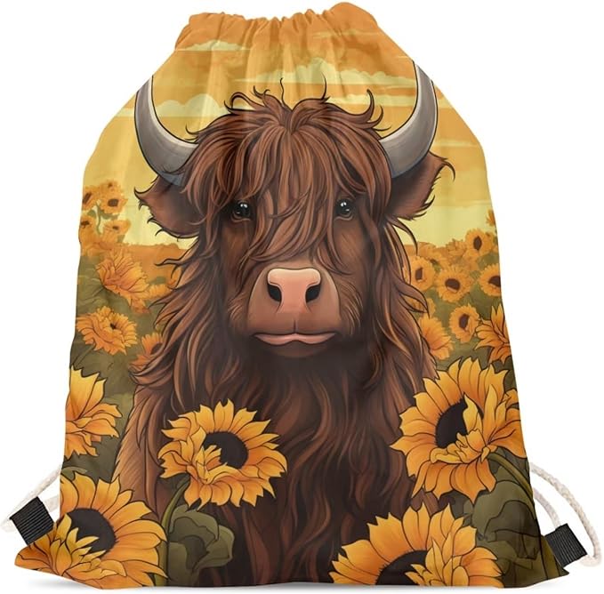 Upetstory Highland Cow Drawstring Backpack Cinch Gym Bags Storage Backpacks Sting Bag Casual Daypack PE Kit Sports Rucksack for Outdoor Hiking Cycling Camping Running