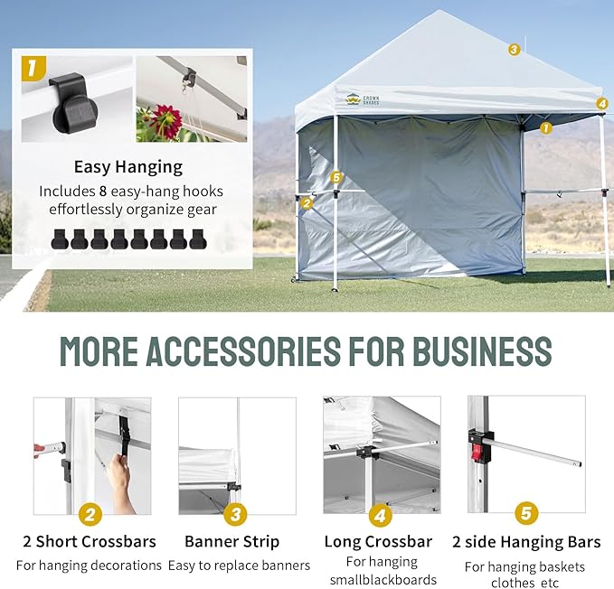 CROWN SHADES 10x10 Pop Up Canopy Tent with 1 Comercial Kit, Instant Commercial Tent with Patended Centerlock, 400D Silver Coated Fabric, 1 Sidewall, 4" Wheels, Sto'N Go Bag,White