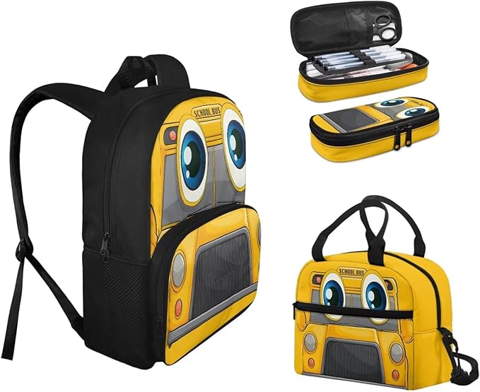 Cute Yellow Bus Schoolbag Kids Bookpack Set with Lunch Bag and Pencil Case Teens Boys and Girls Cartoon Laptop Bookpack School Bag Set for Elementary Middle Student 3 in 1