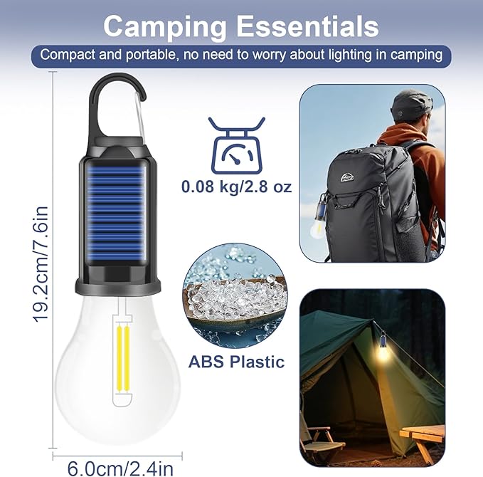 Solar Light Bulb for Outdoor, Portable Waterproof Tent Lights with Clip Hook, Rechargeable Outdoor Solar Light for Camping, Backpacking, Emergency, 4 Pack