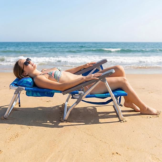 Goplus Beach Chair, Folding Backpack Beach Chairs for Adults with 5 Positions, Head Pillow, Cooler Bag, Towel Bar, Cup Holders, Sunbath Sling Tanning Lounge, Foldable Layout Camping Chairs