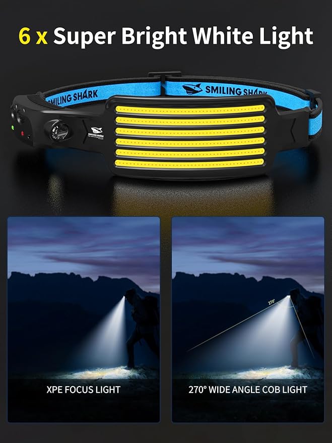 Smiling Shark Rechargeable Headlamp, 2 Pack Wide Angle 6*White Light The Brightest LED Head Lamp Waterproof Headlight for Camping Hiking Outdoor, Head-Light-LED-Lamp-Rechargeable
