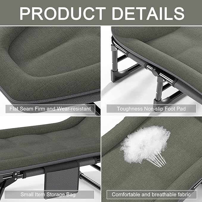 Camping Cot for Adults with Cushion, Portable Folding Cot, 5-Position Chaise Lounge Chair for Outdoor, Camping, Pool, Beach, Patio Relaxation