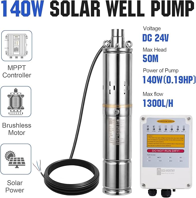 ECO-WORTHY 400W Solar Deep Well Pump Kit, 140W Submersible Well Pump with MPPT Controller, Powered by 4ps100W Solar Panels for Off-Grid Home Use, Farm and Ranch Deep Well Water Supply