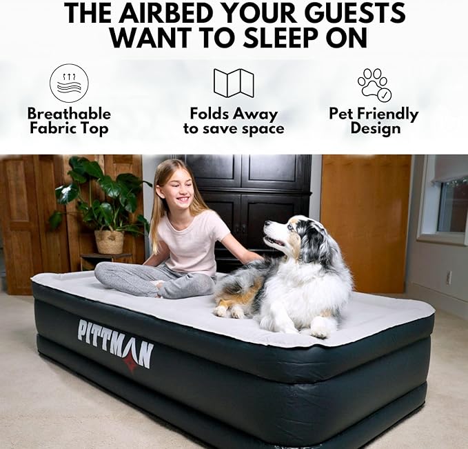 Pittman Outdoors - Black 18" Luxury Double High Twin Air Mattress with Built in Pump - Premium Comfort Twin Size Blow up Mattress - 300lb Capacity - Ideal for Home Visits, Guests, Travel or Camping