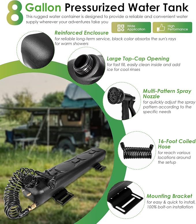 Yoursme 8-Gallon Pressurized Water Tank, Portable Camping Shower Water Storage with Spray Hose Roof Rack Mount for Pick-up Trucks & Off-Road Vehicles Overland Outdoor Activities Water Supply