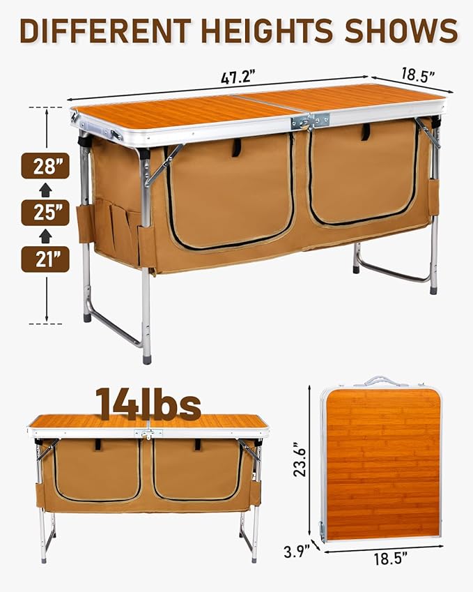 Outvita Folding Table, 4FT Aluminum Camping Table with Large Storage Space and Adjustable Height Picnic Table Lightweight for Carring Outdoor Party Events Beach